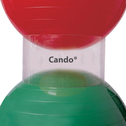 CanDo Ball Stacker Ring holds a red ball above a green ball. The transparent ring has the "Cando" logo on it.
