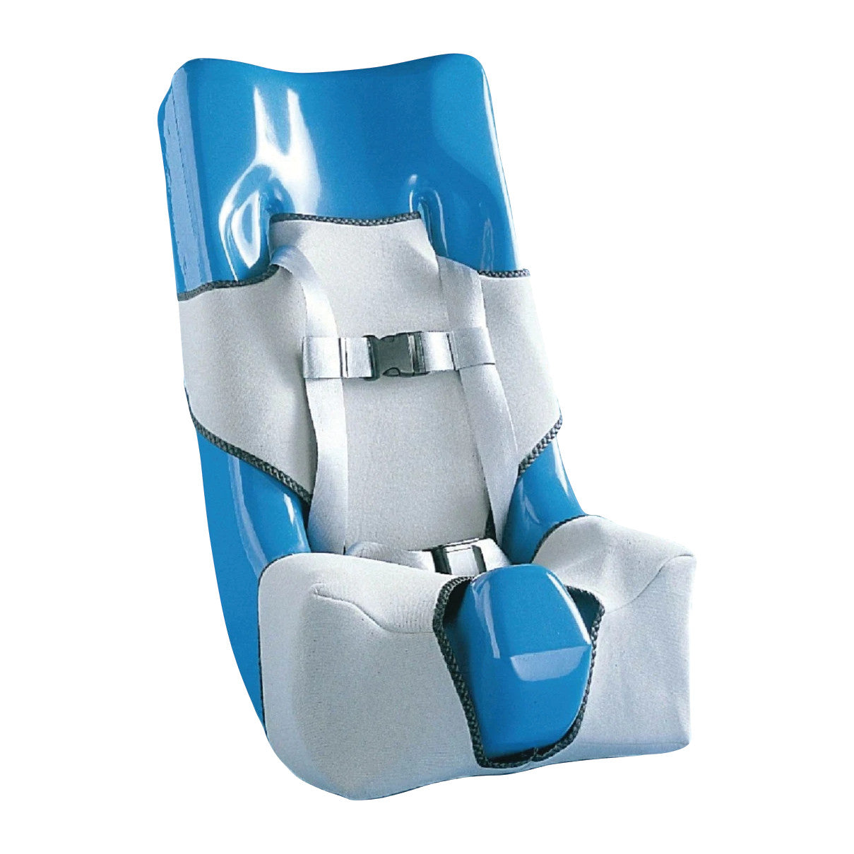 Cozzee Cover for Tumble Forms2 Feeder Seat in blue with a soft, gray fabric cover and safety straps.