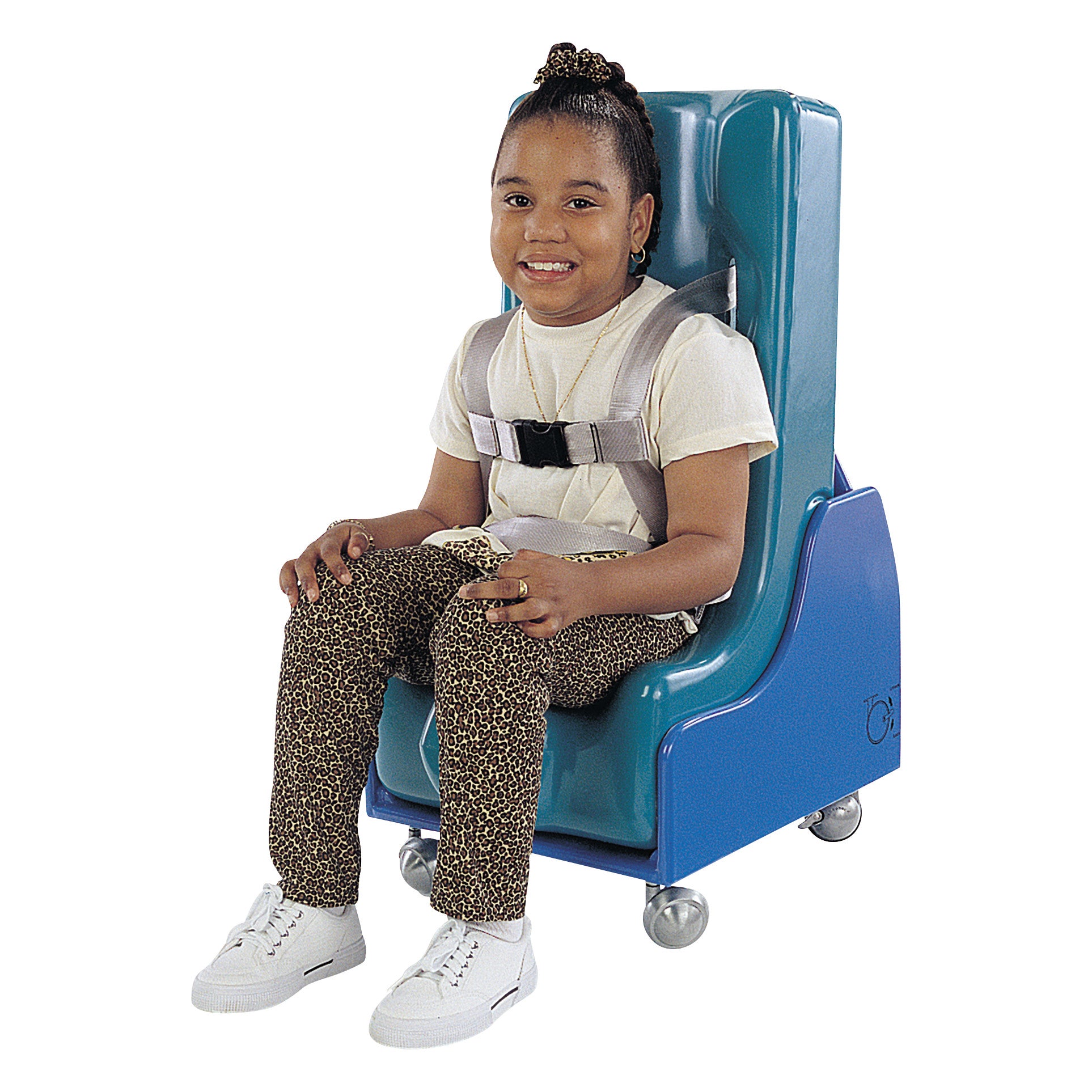A child sits in a Tumble Forms2 Mobile Feeder Seat System, a blue chair with a harness and wheels, providing posture support.