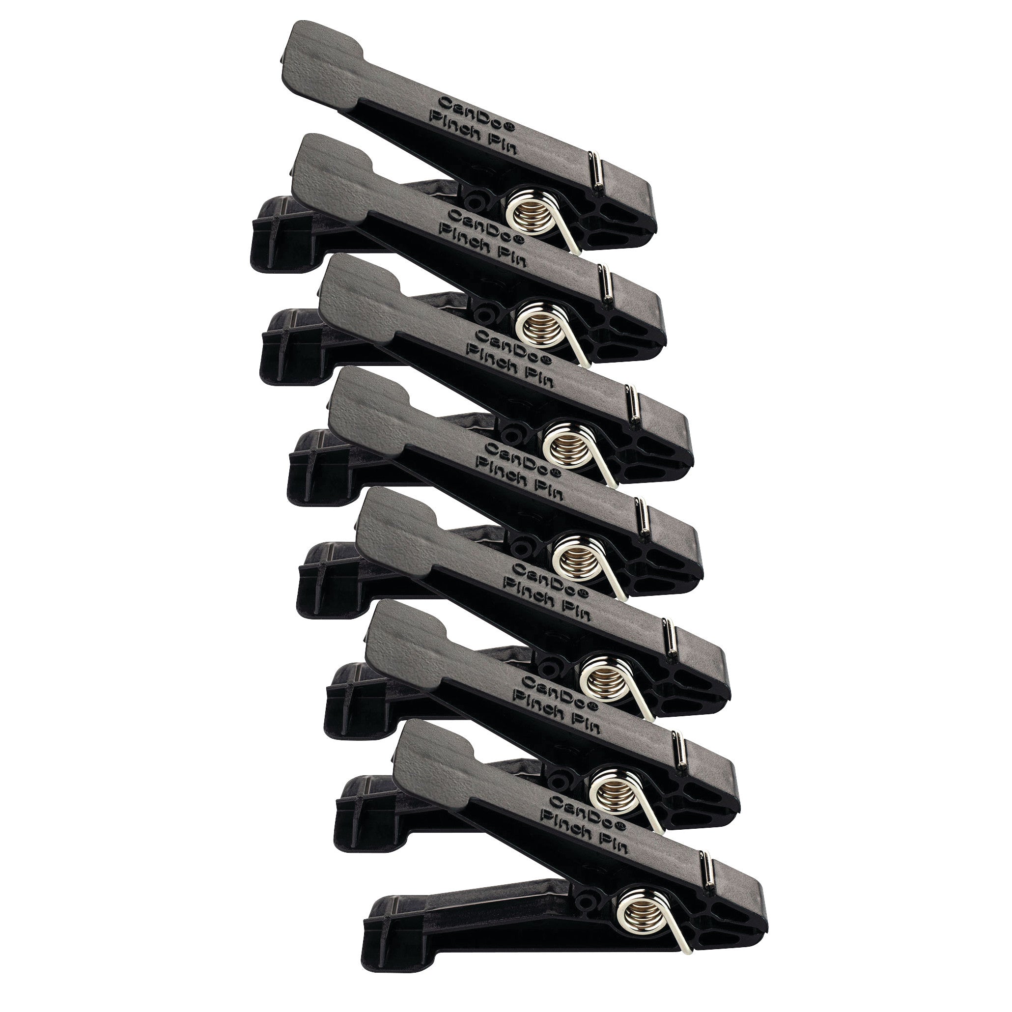 Seven black CanDo Replacement Pins for Finger Pinch Exerciser are arranged in a diagonal row with visible metal springs.