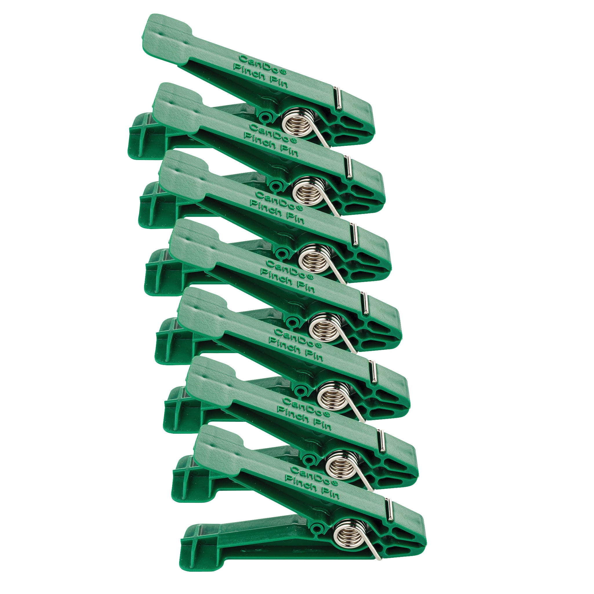 A stack of green clips labeled "Replacement Pin for Finger Pinch Exerciser" with visible metal springs on a white background.