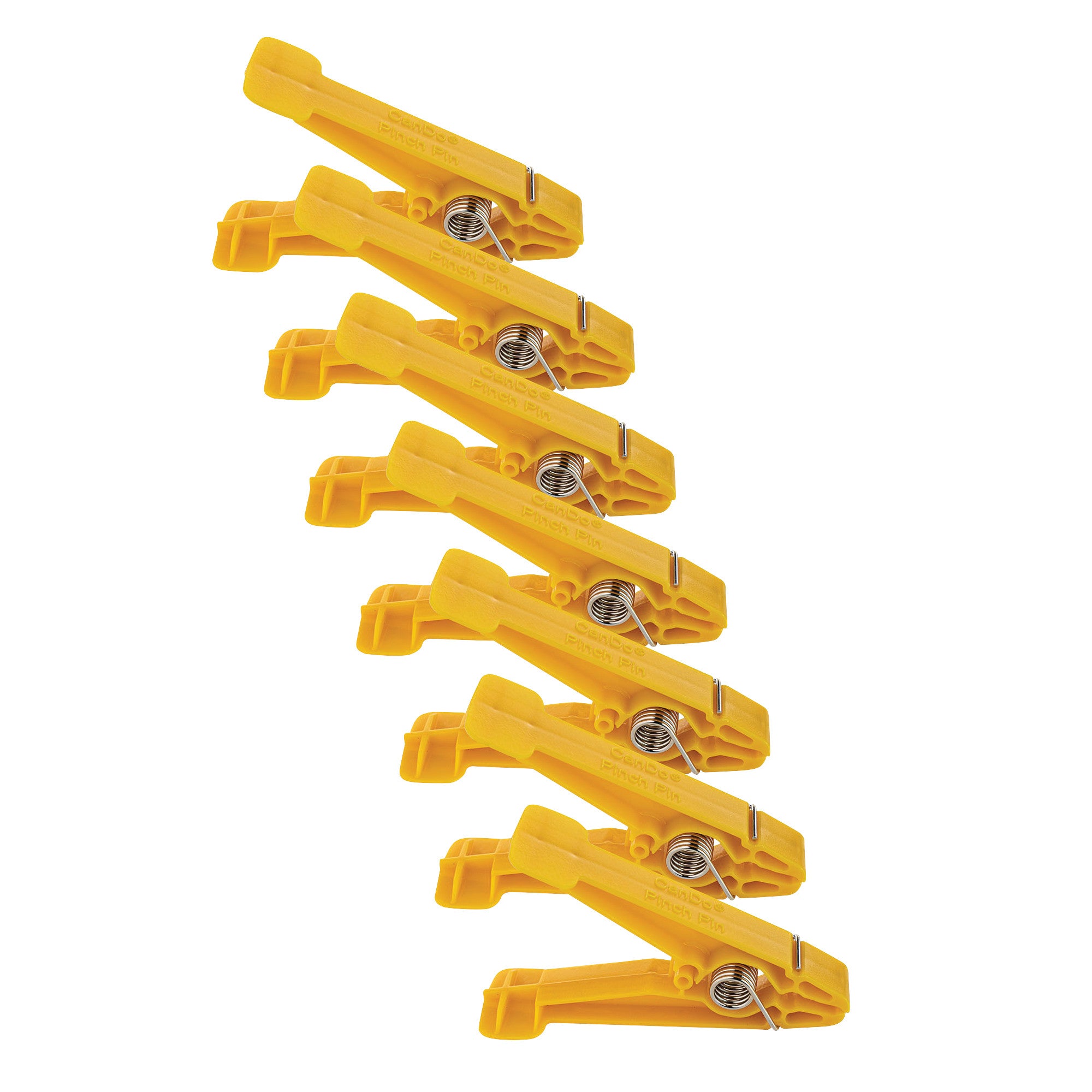 Seven yellow Replacement Pins for Finger Pinch Exerciser are shown, aligned diagonally. Each pin has a visible metal spring.