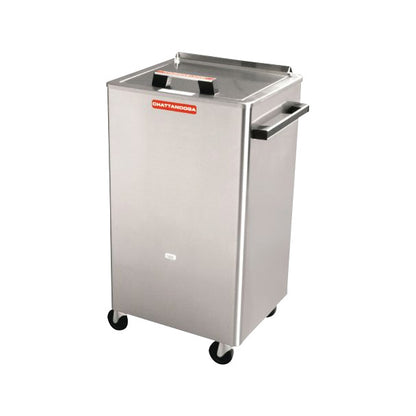 The Chattanooga Hydrocollator Heating Unit is a stainless steel mobile unit on wheels with handles and a top lid.