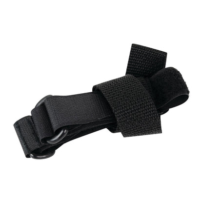 A black Positioning Belt for Skillbuilders Crawler featuring straps and D-rings, used for securing and adjusting.