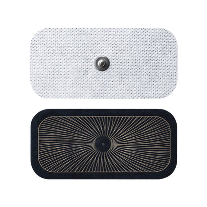 Two UltraStim Snap Electrodes: one white, textured with a metal snap, and one black with a radial pattern and snap in the center.
