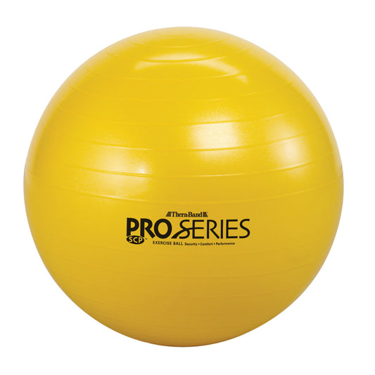 A yellow THERABAND Pro Series SCP Exercise Ball featuring subtle horizontal ridges and the brand's logo printed in black.