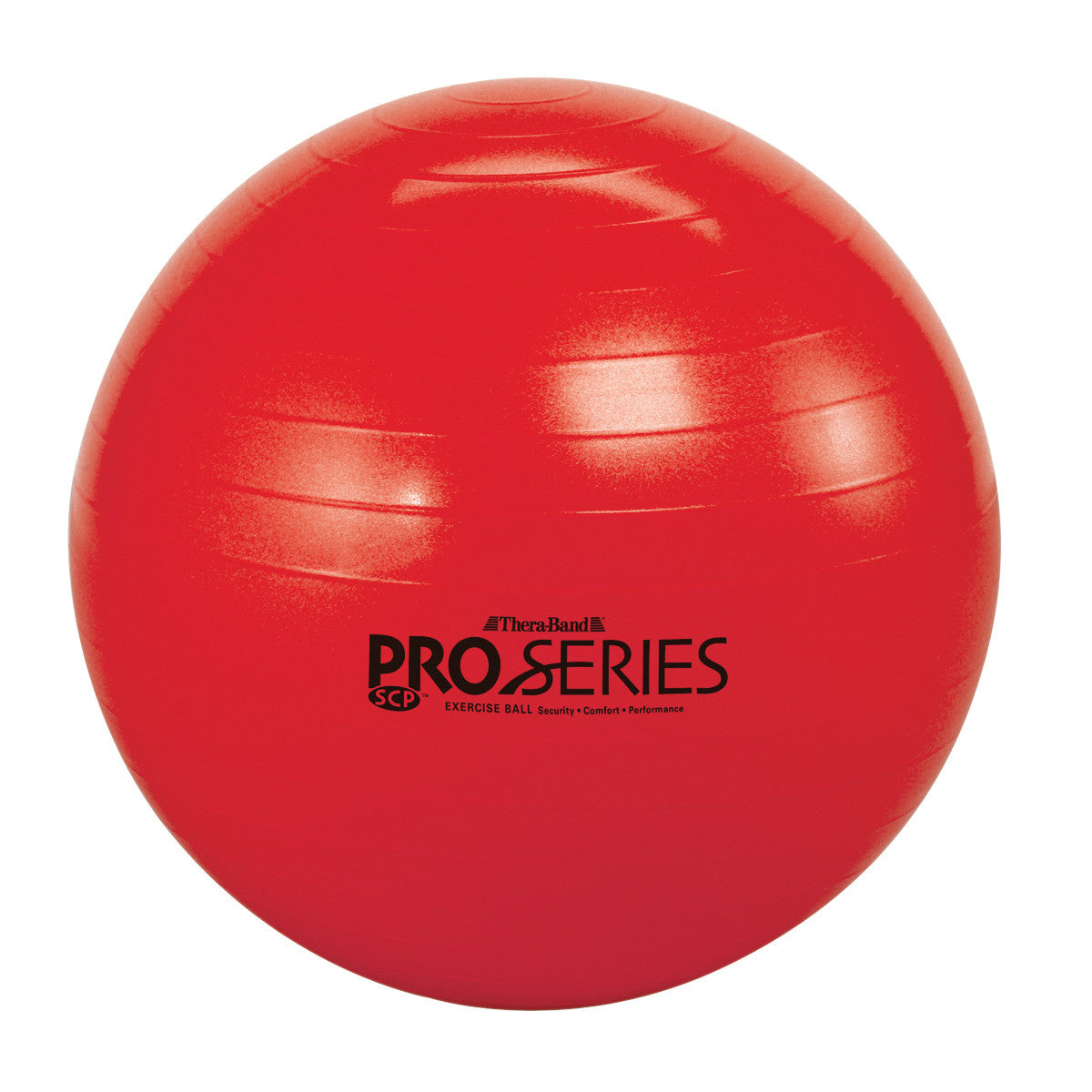 A red THERABAND Pro Series SCP Exercise Ball featuring the brand logo and text on its surface.