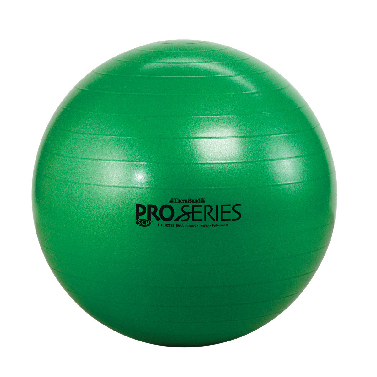 A green THERABAND Pro Series SCP Exercise Ball with text branding, designed for fitness and stability exercises.