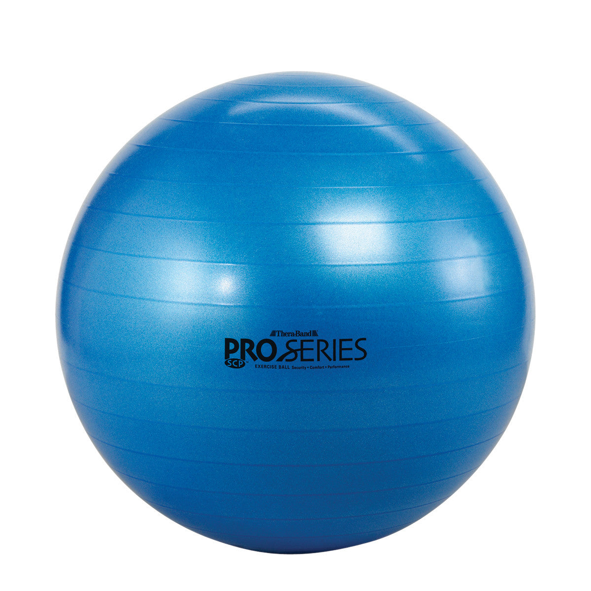 A blue THERABAND Pro Series SCP Exercise Ball, featuring subtle horizontal ridges and the brand's logo printed in black.