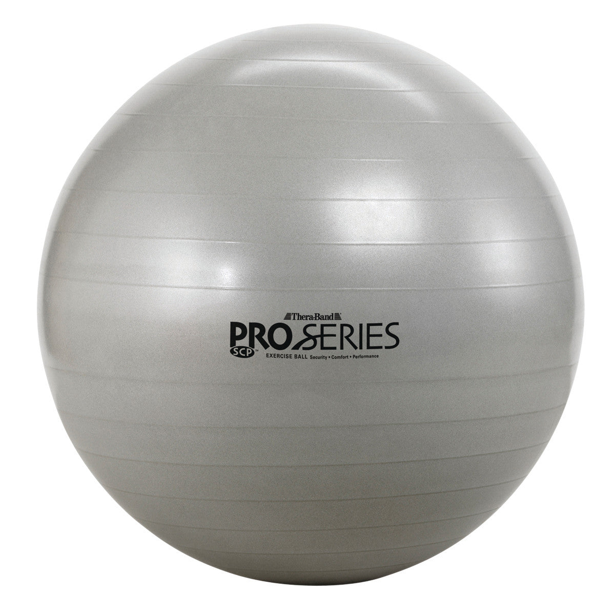A gray THERABAND Pro Series SCP Exercise Ball is shown, featuring subtle horizontal stripes and printed brand text on its side.