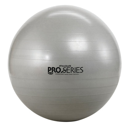 A gray THERABAND Pro Series SCP Exercise Ball is shown, featuring subtle horizontal stripes and printed brand text on its side.