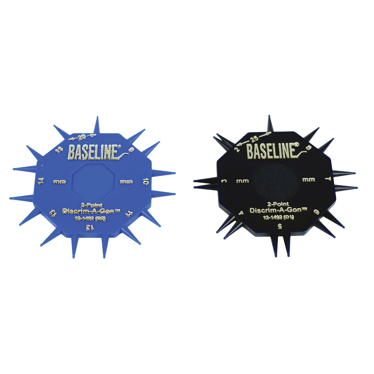 Two Baseline DISCRIM-A-GON tools, one blue and one black, with multiple pointed tips and measurement labels on each.
