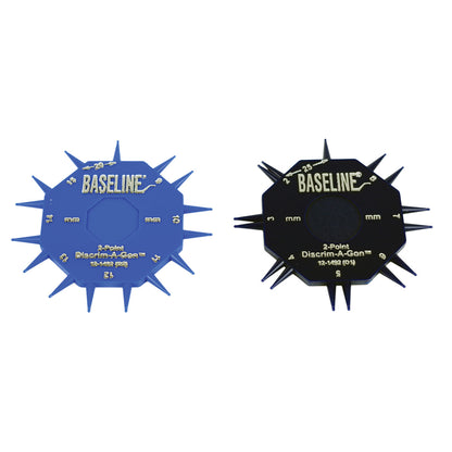 Two Baseline DISCRIM-A-GON tools, one blue and one black, with multiple pointed tips and measurement labels on each.