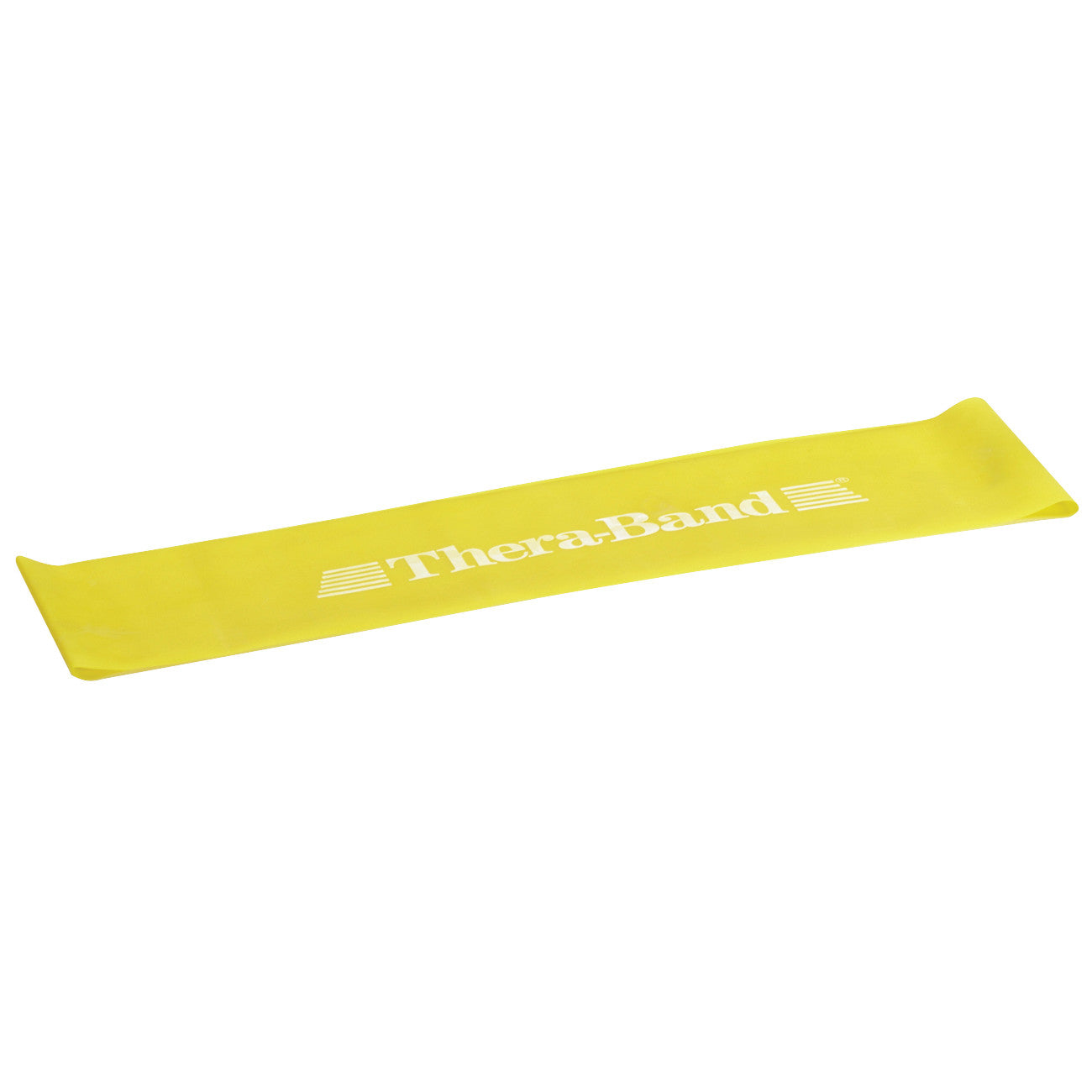 A yellow THERABAND Resistance Band Loop lies flat. It has the brand name and logo printed in white on the surface.