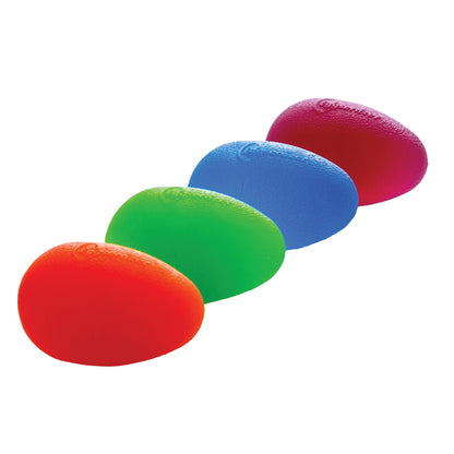 Four colorful egg-shaped items, the Eggsercizer Hand Exerciser Set, are arranged in a line on a white background.
