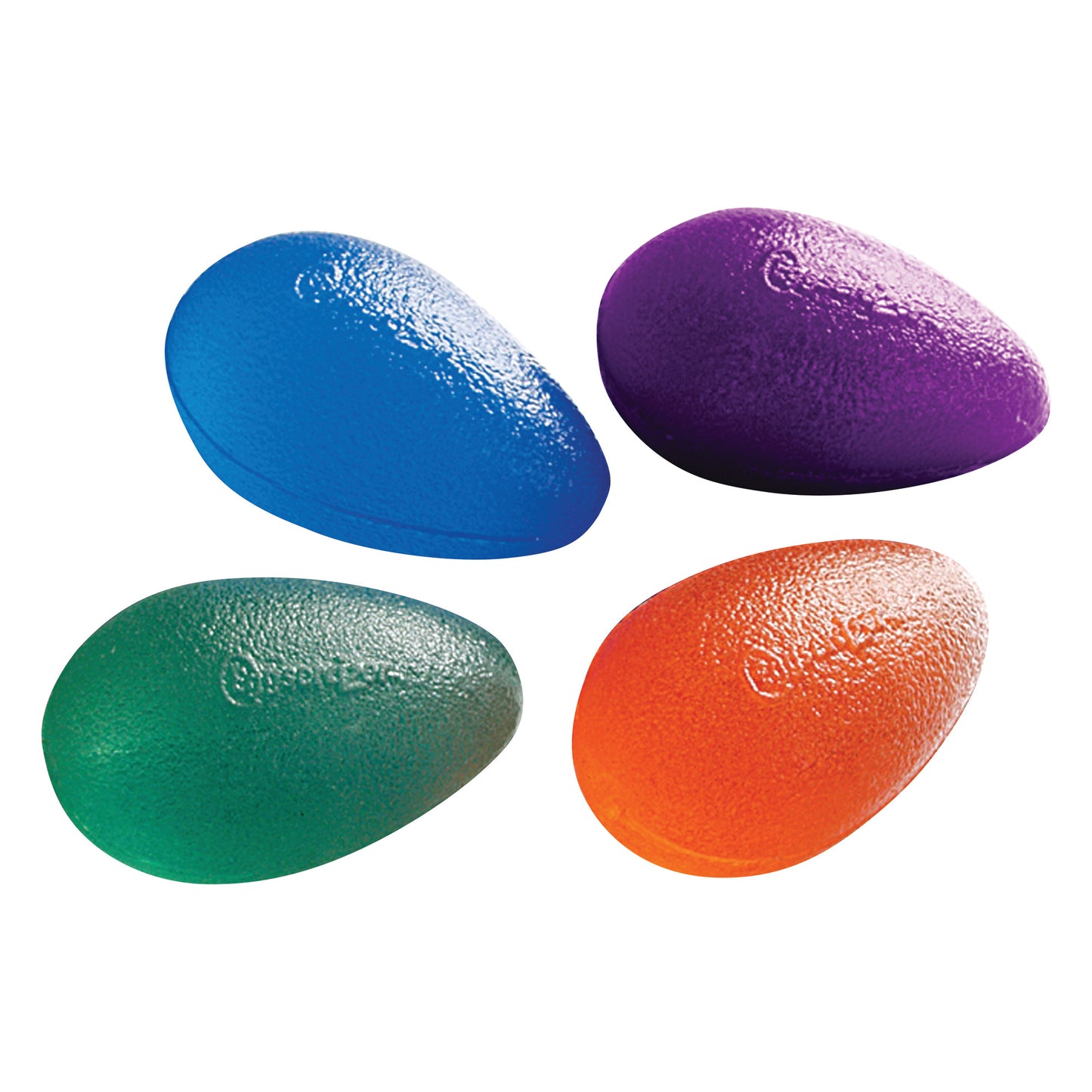 Four textured oval shapes in blue, purple, green, and orange. This is the Eggsercizer Hand Exerciser Set for hand workouts.