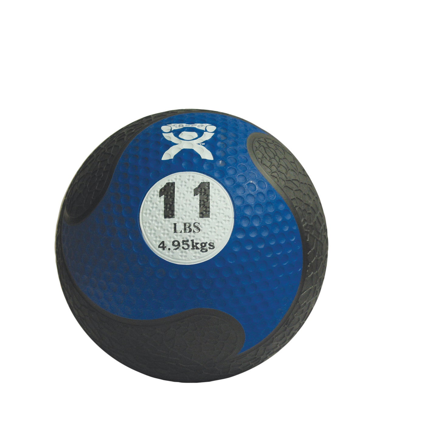 A CanDo Rubber Medicine Ball, blue with black accents, weighing 11 lbs (4.95 kgs) and featuring a textured surface design.