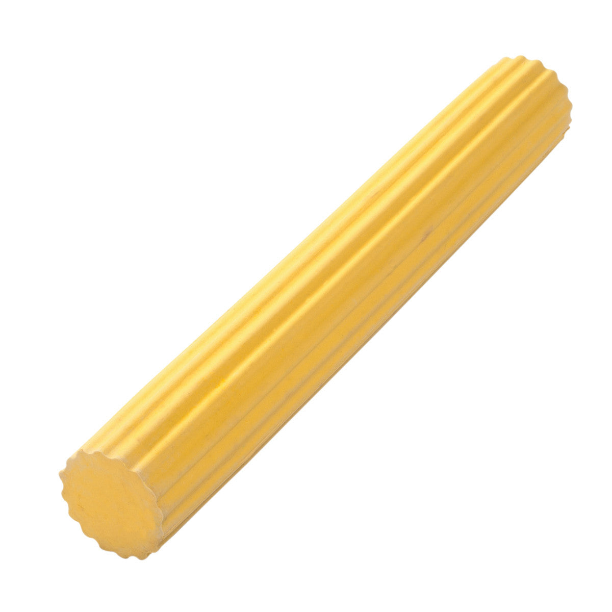 A yellow, ridged THERABAND FlexBar is shown against a white background, featuring a cylindrical shape with textured surface.