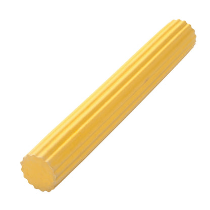 A yellow, ridged THERABAND FlexBar is shown against a white background, featuring a cylindrical shape with textured surface.