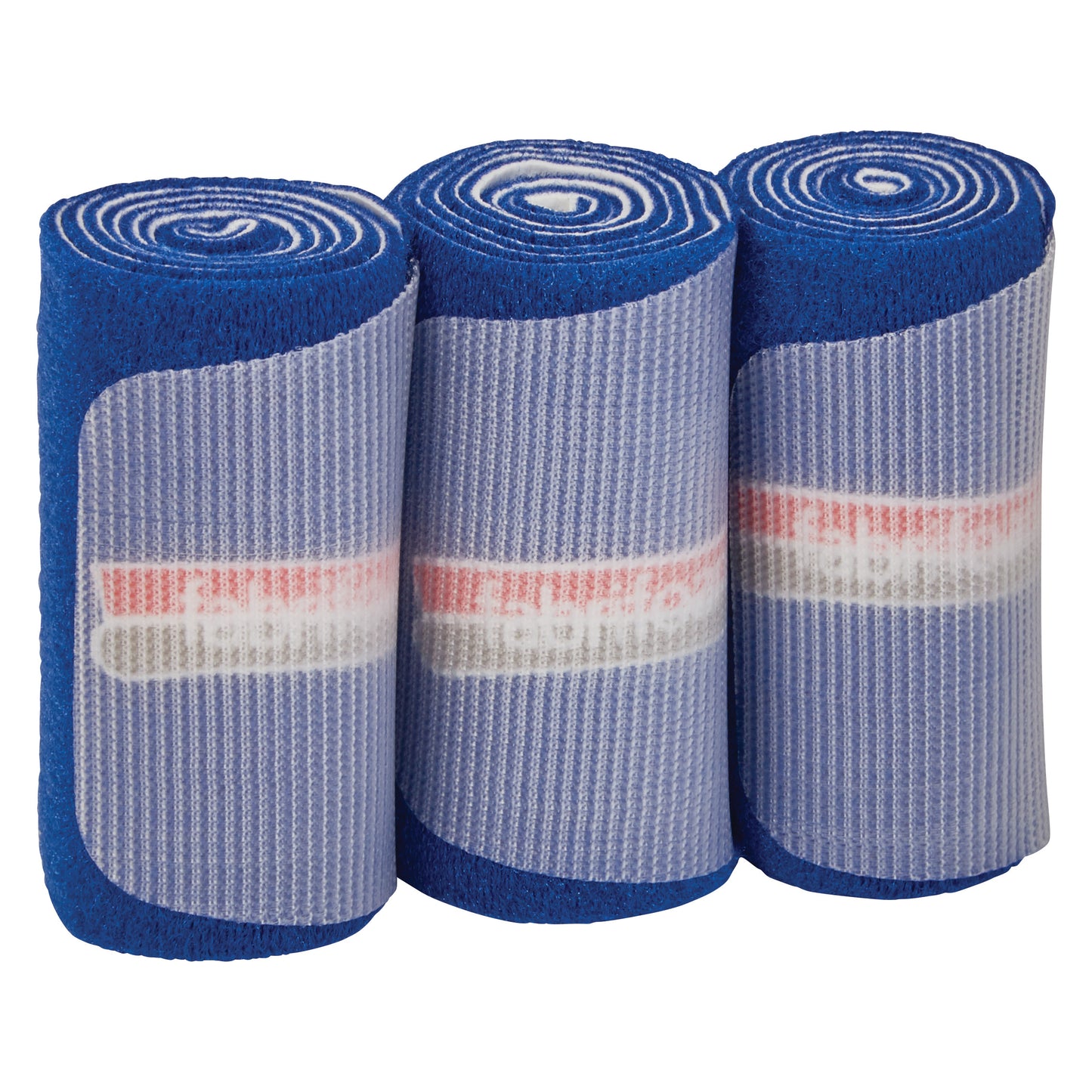 Three rolls of FabriFoam NuStim Wrap are displayed, each featuring a blue and striped design with visible branding.