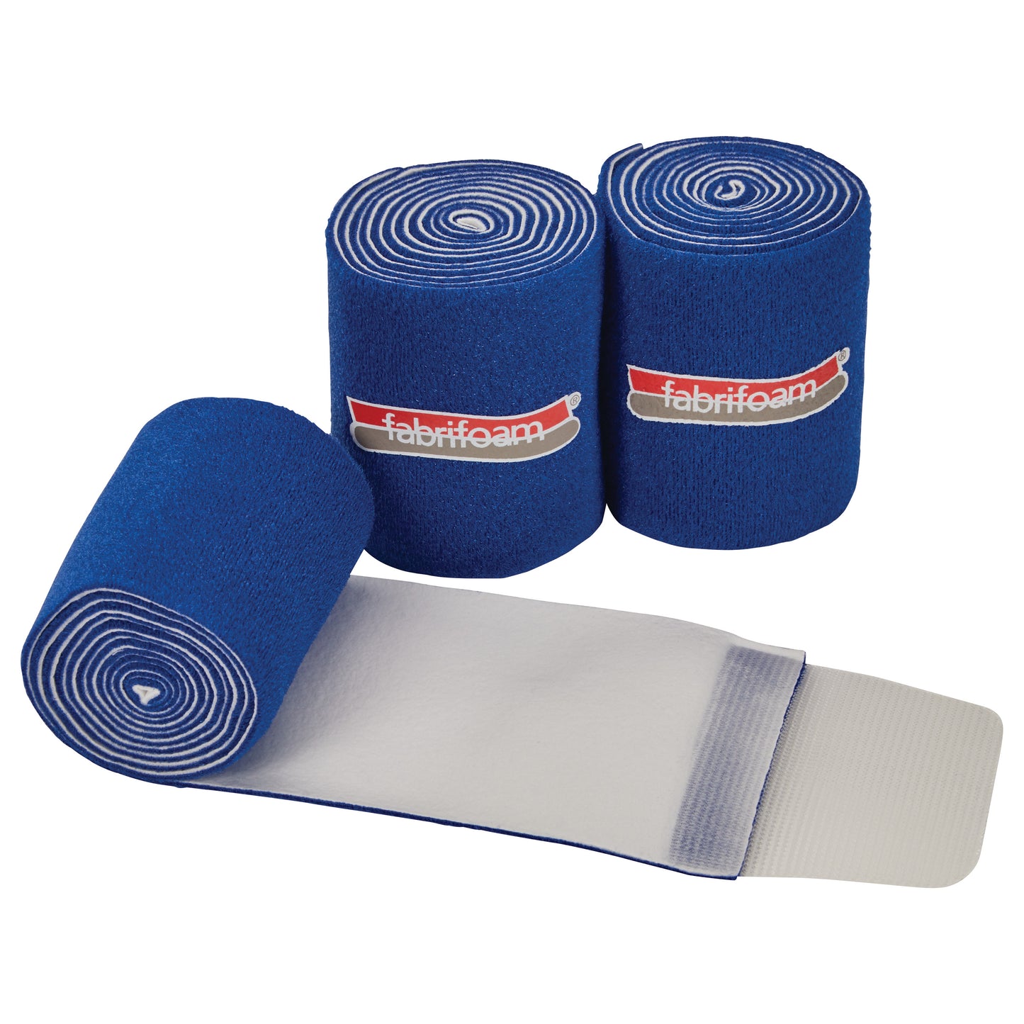 Three rolls of FabriFoam NuStim Wrap in blue, with one partially unrolled to reveal a white interior and hook and loop end.