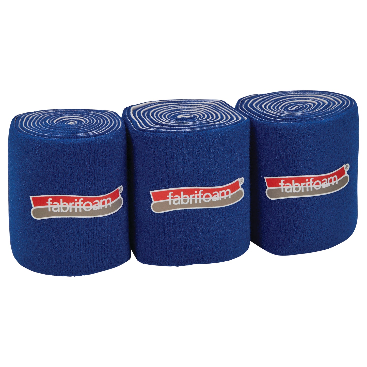 Three rolls of blue FabriFoam NuStim Wrap with red labels are lined up in a row.