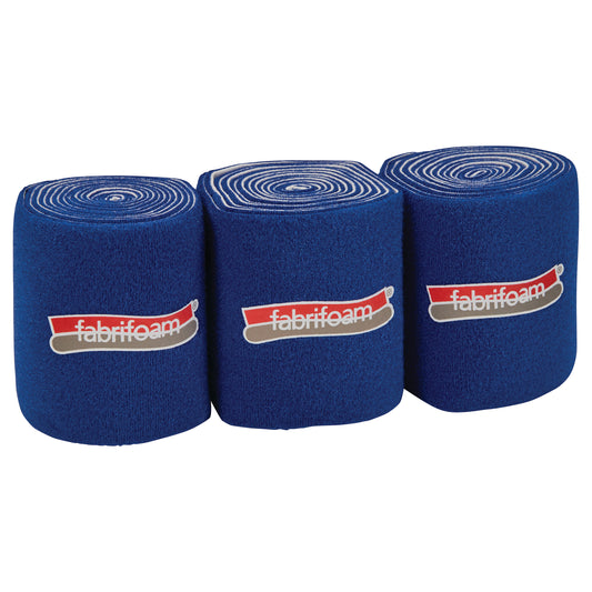 Three rolls of blue FabriFoam NuStim Wrap with red labels are lined up in a row.