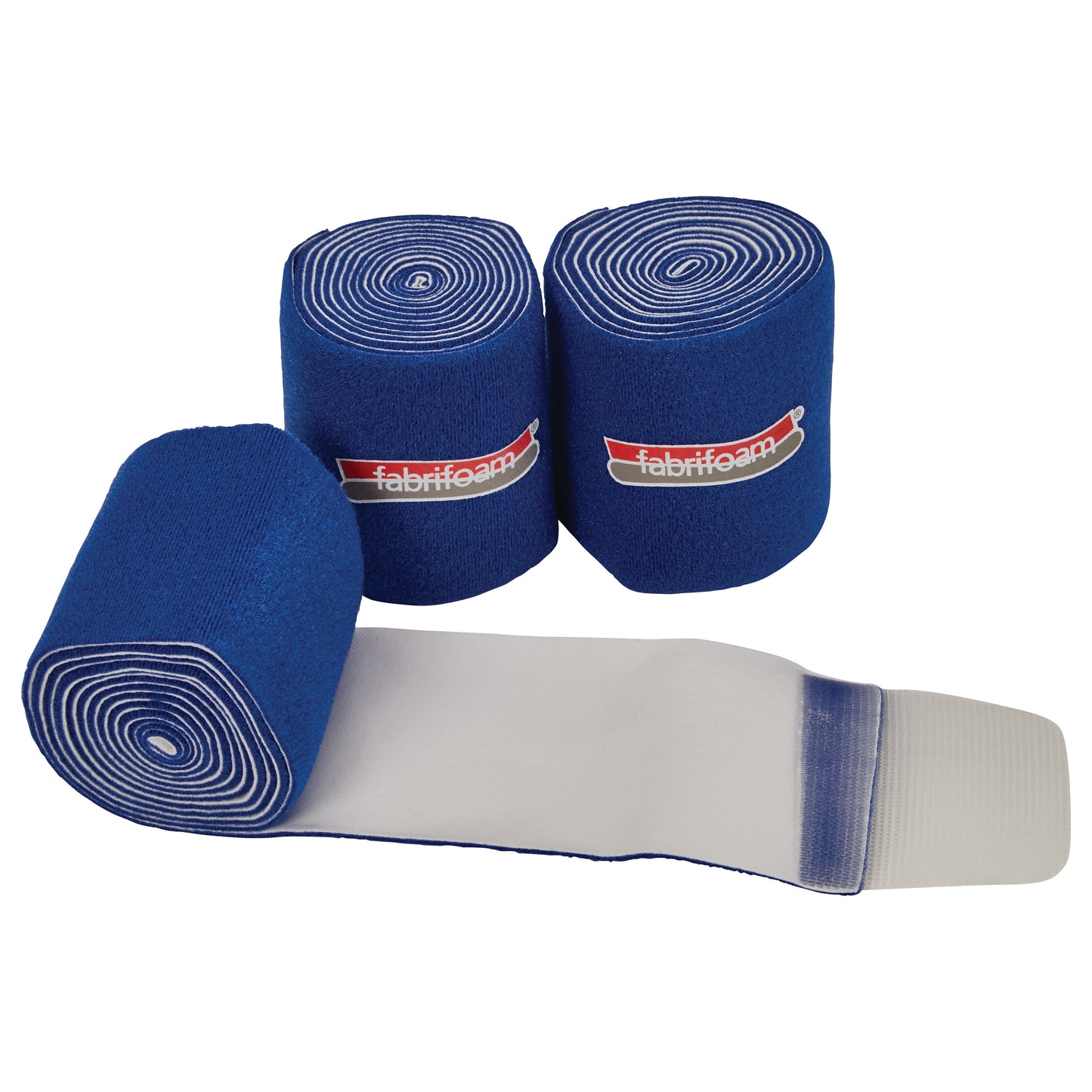 Three blue FabriFoam NuStim Wrap rolls, partially unrolled to show texture and branding.