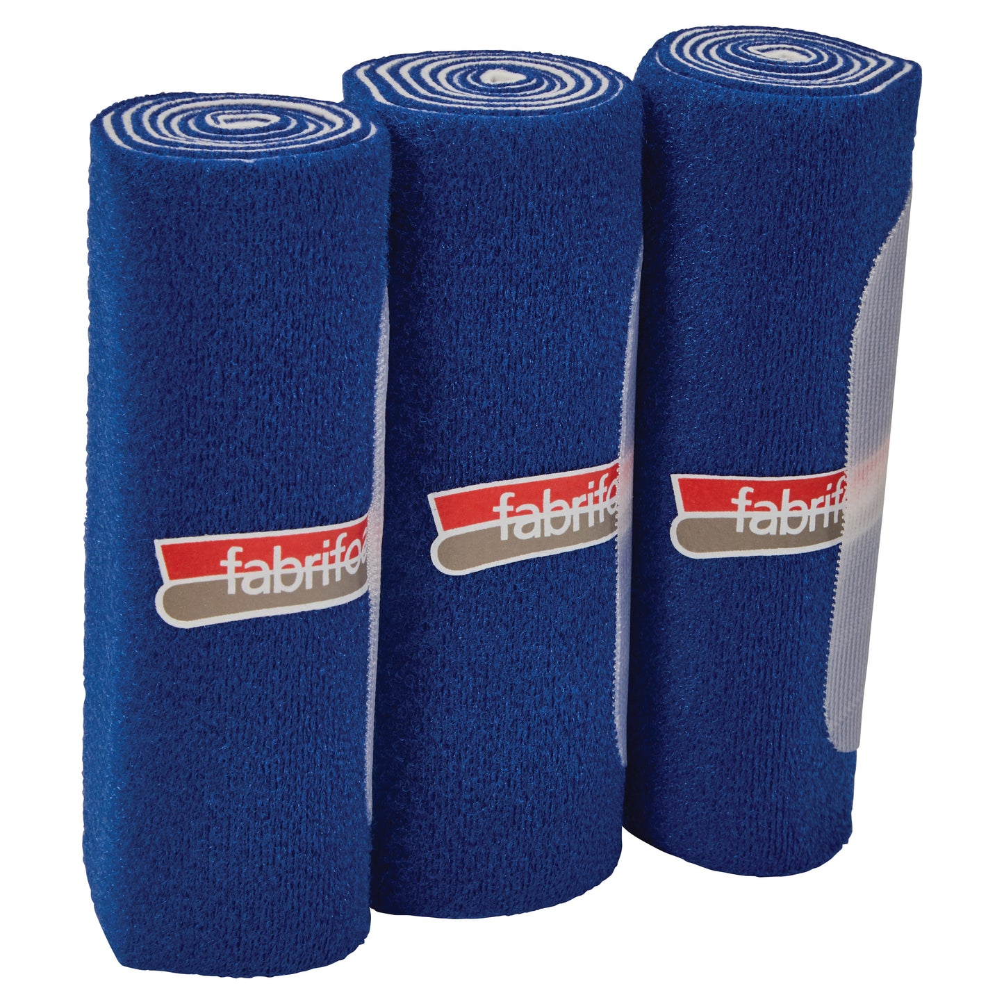 Three rolls of FabriFoam NuStim Wrap in blue, each featuring a logo and tightly coiled design.