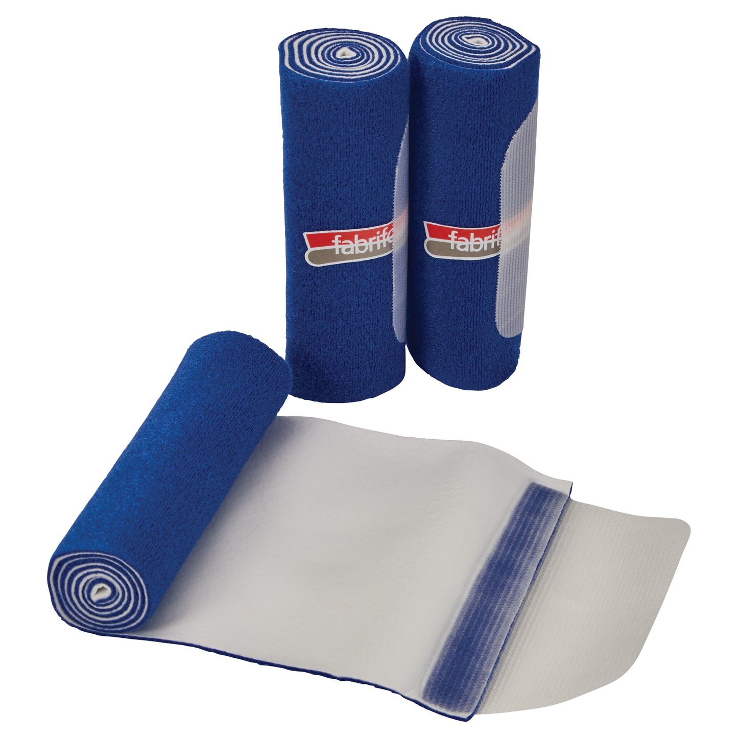 Three rolls of blue FabriFoam NuStim Wrap are shown, with one partially unrolled. A label is visible on the rolls.