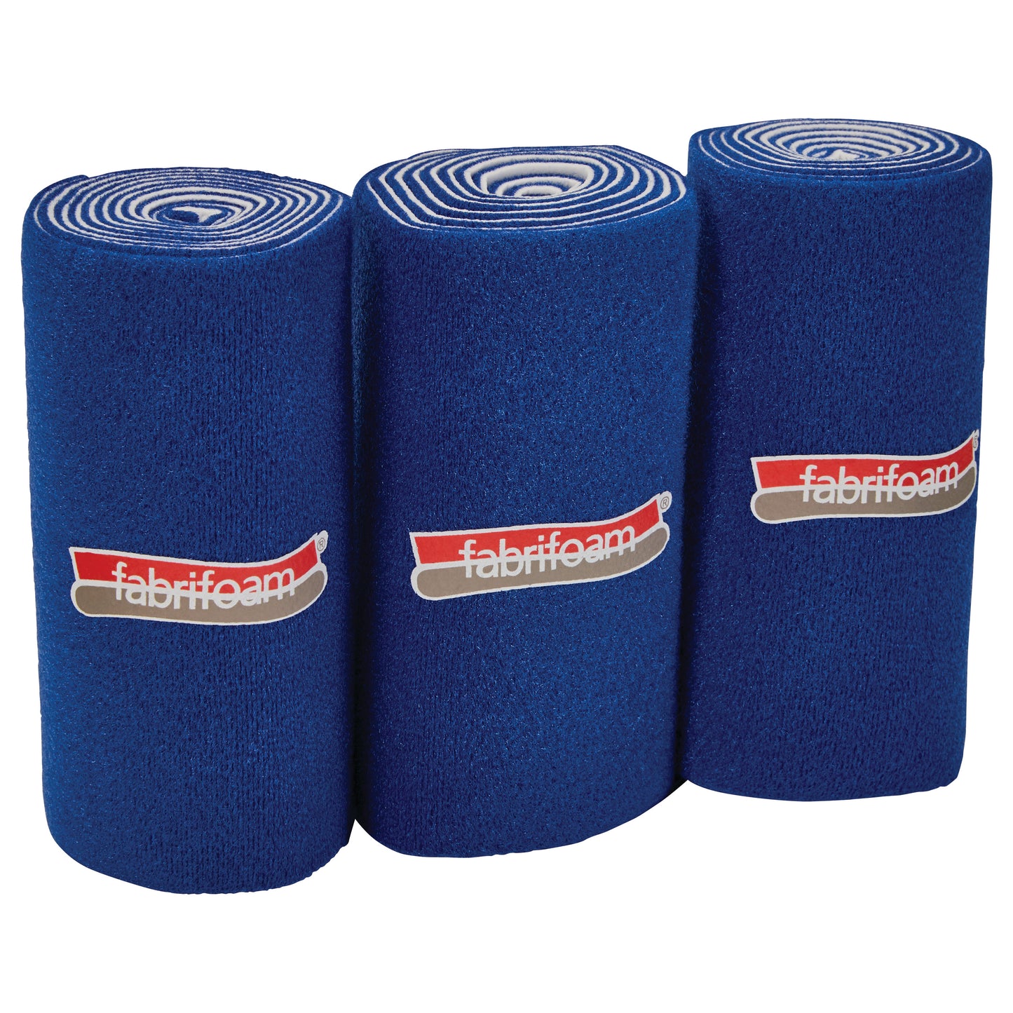 Three blue FabriFoam NuStim Wrap rolls, each with a logo, are standing upright against a white background.