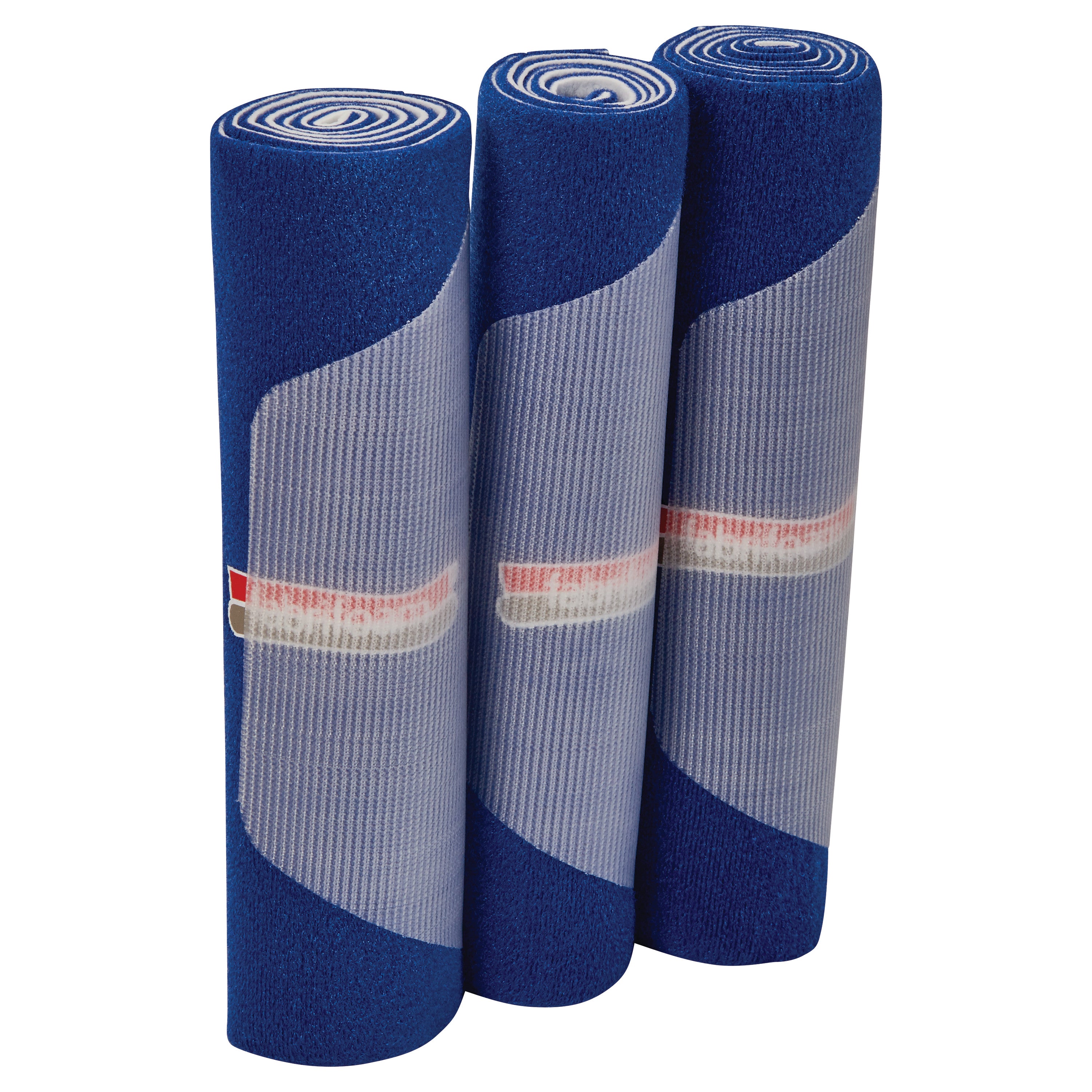 Three rolls of FabriFoam NuStim Wrap in blue and gray, featuring a subtle wave pattern with a white and red label design.