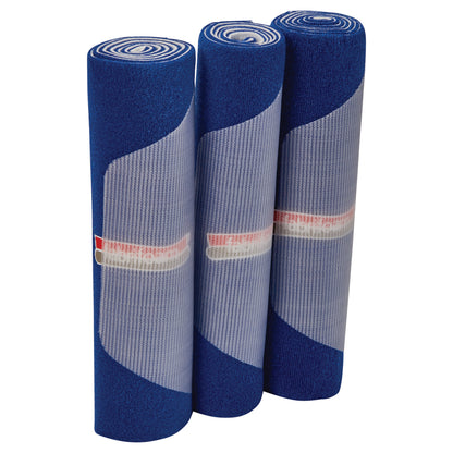 Three rolls of FabriFoam NuStim Wrap in blue and gray, featuring a subtle wave pattern with a white and red label design.