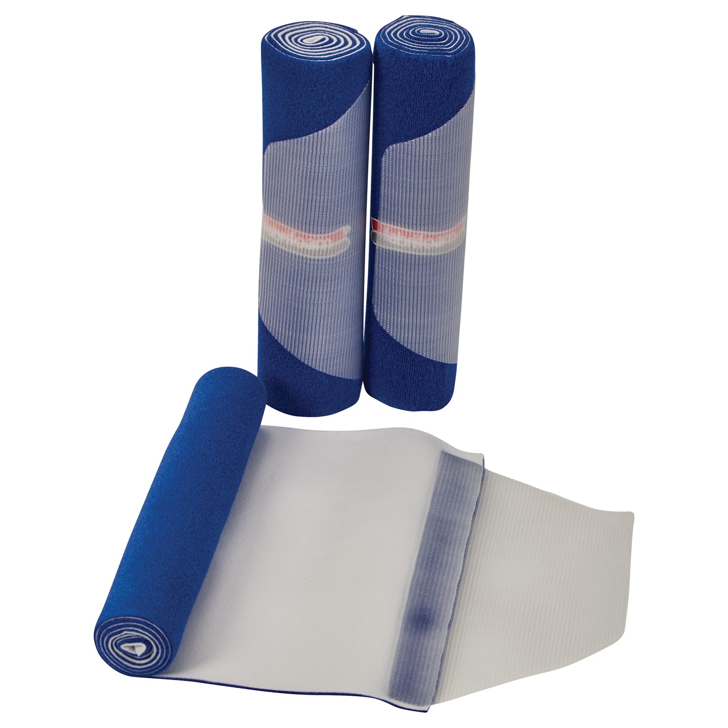 Three blue FabriFoam NuStim Wraps are shown, two rolled up and one partially unrolled, revealing a textured surface.