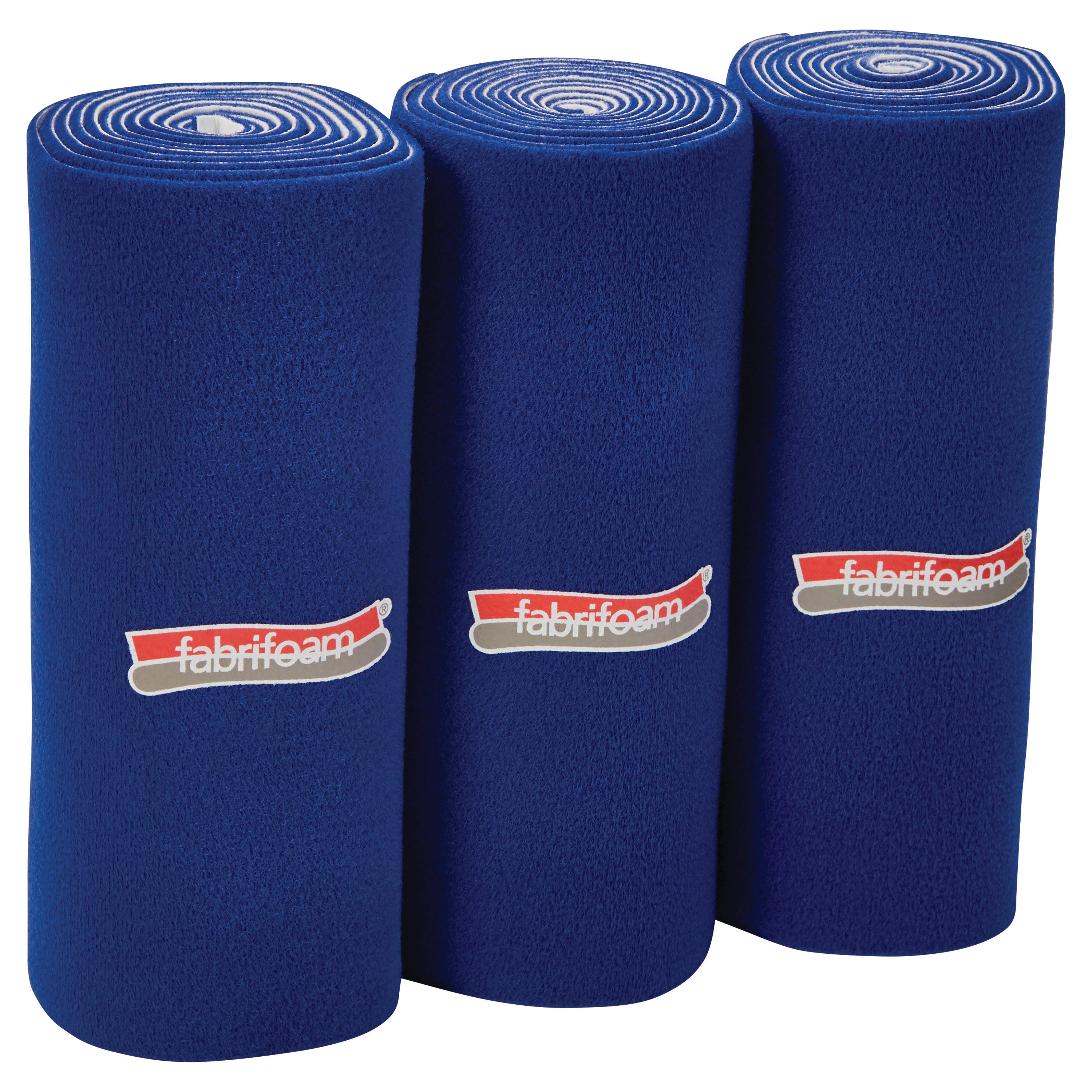 Three rolls of FabriFoam NuStim Wrap in blue, each with a white and red logo, are standing upright in a row.