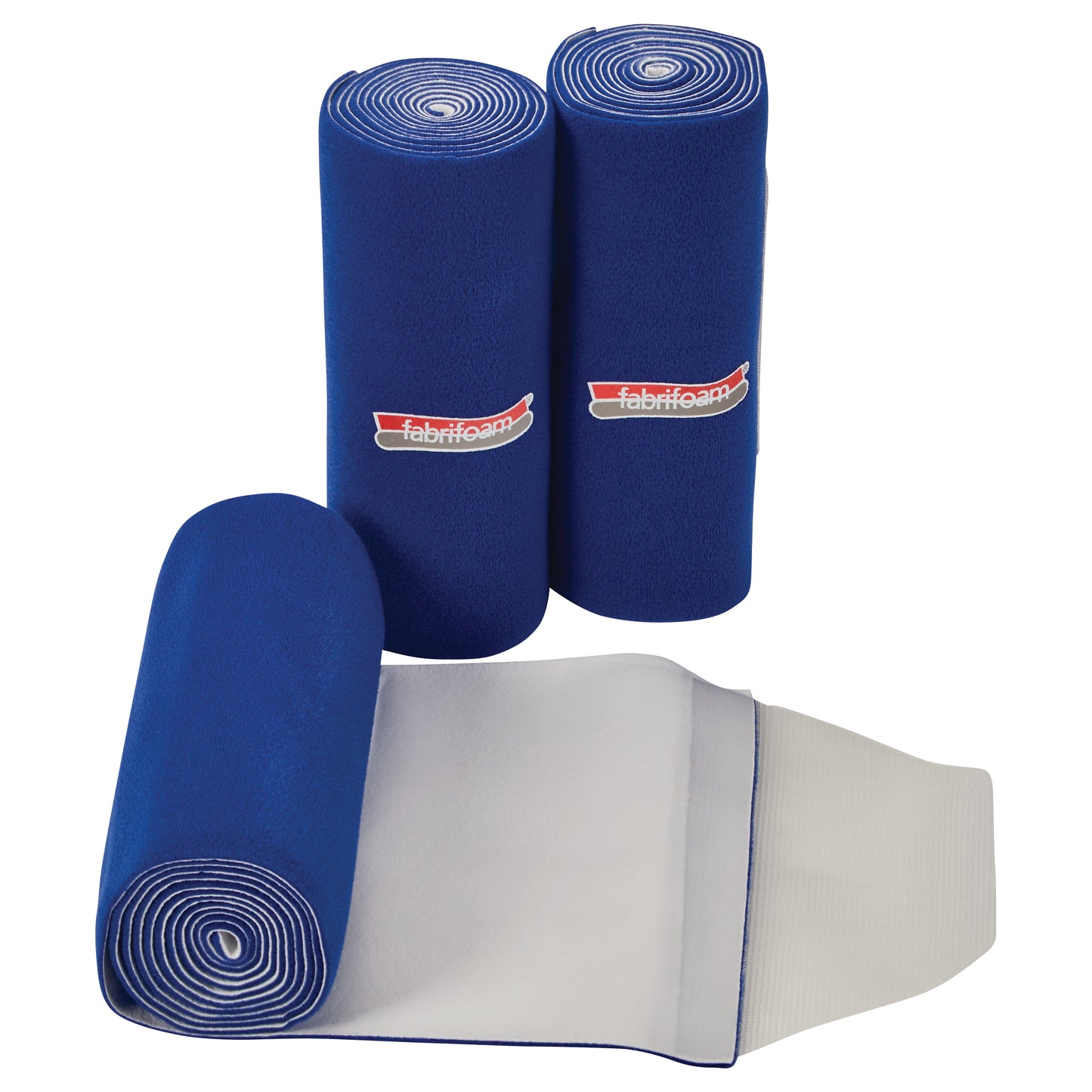 Three rolls of FabriFoam NuStim Wrap are shown, one partially unrolled. They are blue with a logo on the side.