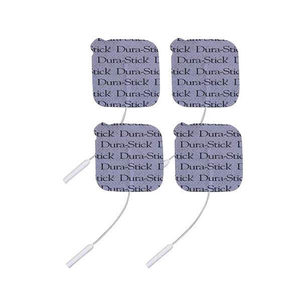 Four square grey electrodes with "Dura-Stick" text, each with white leads. The product is Chattanooga Dura-Stick Plus Electrode.