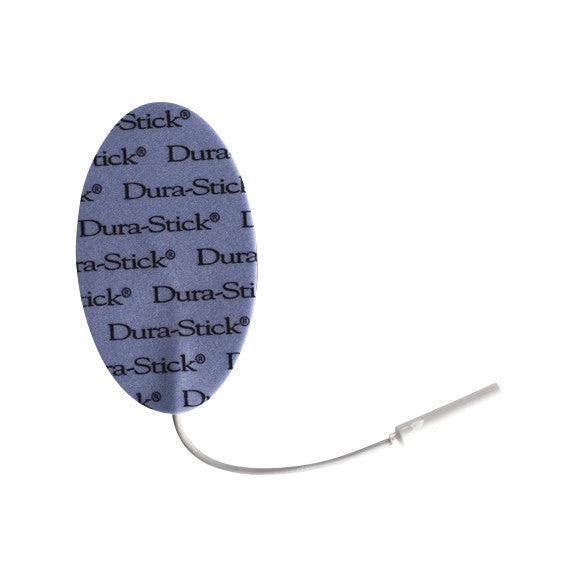 Oval Chattanooga Dura-Stick Plus Electrode with a cable attached, featuring a blue surface with repeated black text.