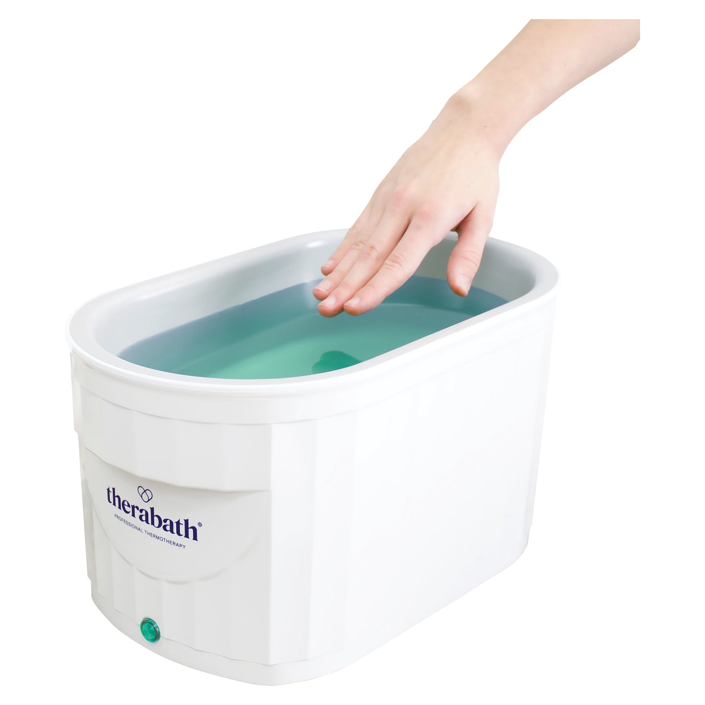 A hand dips into a Therabath Professional Thermotherapy Paraffin Bath, filled with melted paraffin wax.