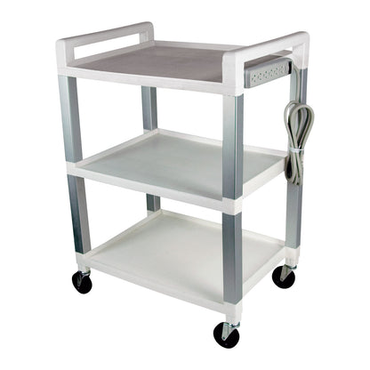 Three-shelf Electrotherapy Cart with Power, featuring wheels, a power strip, and a coiled cable on the side.
