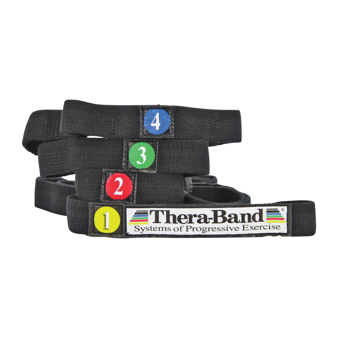 THERABAND Stretch Strap, black straps with numbered colored circles, used for progressive exercise and stretching.