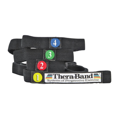 THERABAND Stretch Strap, black straps with numbered colored circles, used for progressive exercise and stretching.