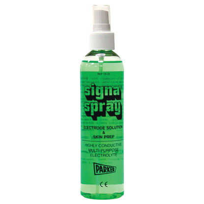A green bottle of Parker Signa Spray Conductive Electrolyte Solution, labeled as a multi-purpose electrode and skin prep solution.