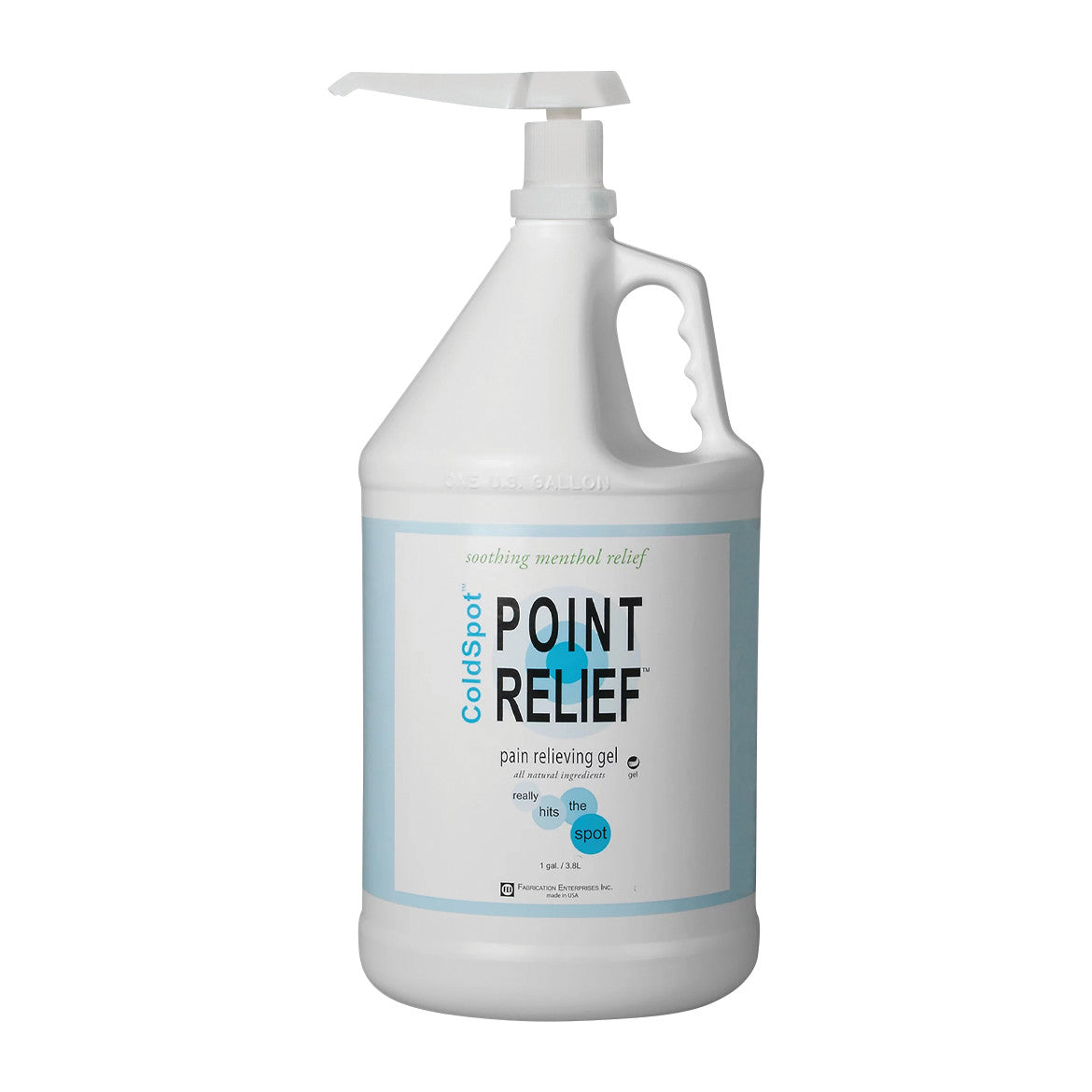 White pump bottle labeled "Point Relief ColdSpot Pain Relief Gel" featuring soothing menthol relief and natural ingredients.
