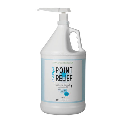 White pump bottle labeled "Point Relief ColdSpot Pain Relief Gel" featuring soothing menthol relief and natural ingredients.