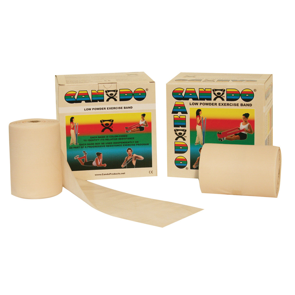 Two rolls of CanDo Latex Exercise Band are shown with their packaging, which features images of people using the bands.