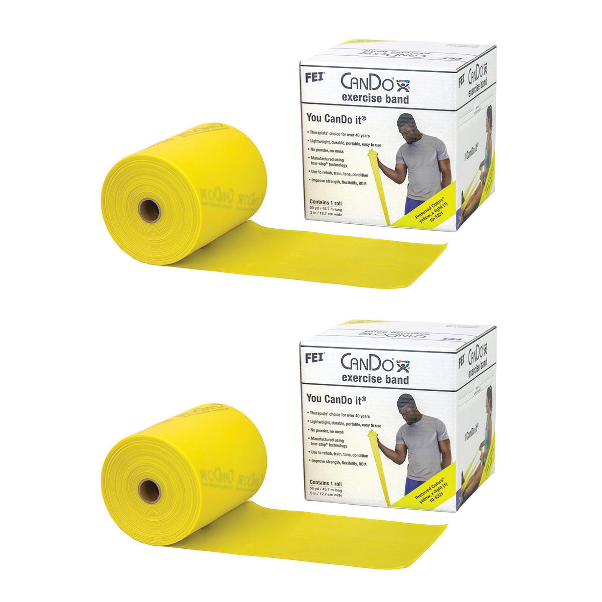 Two yellow CanDo Latex Exercise Band rolls are shown with their packaging, featuring an image of a person using the band.