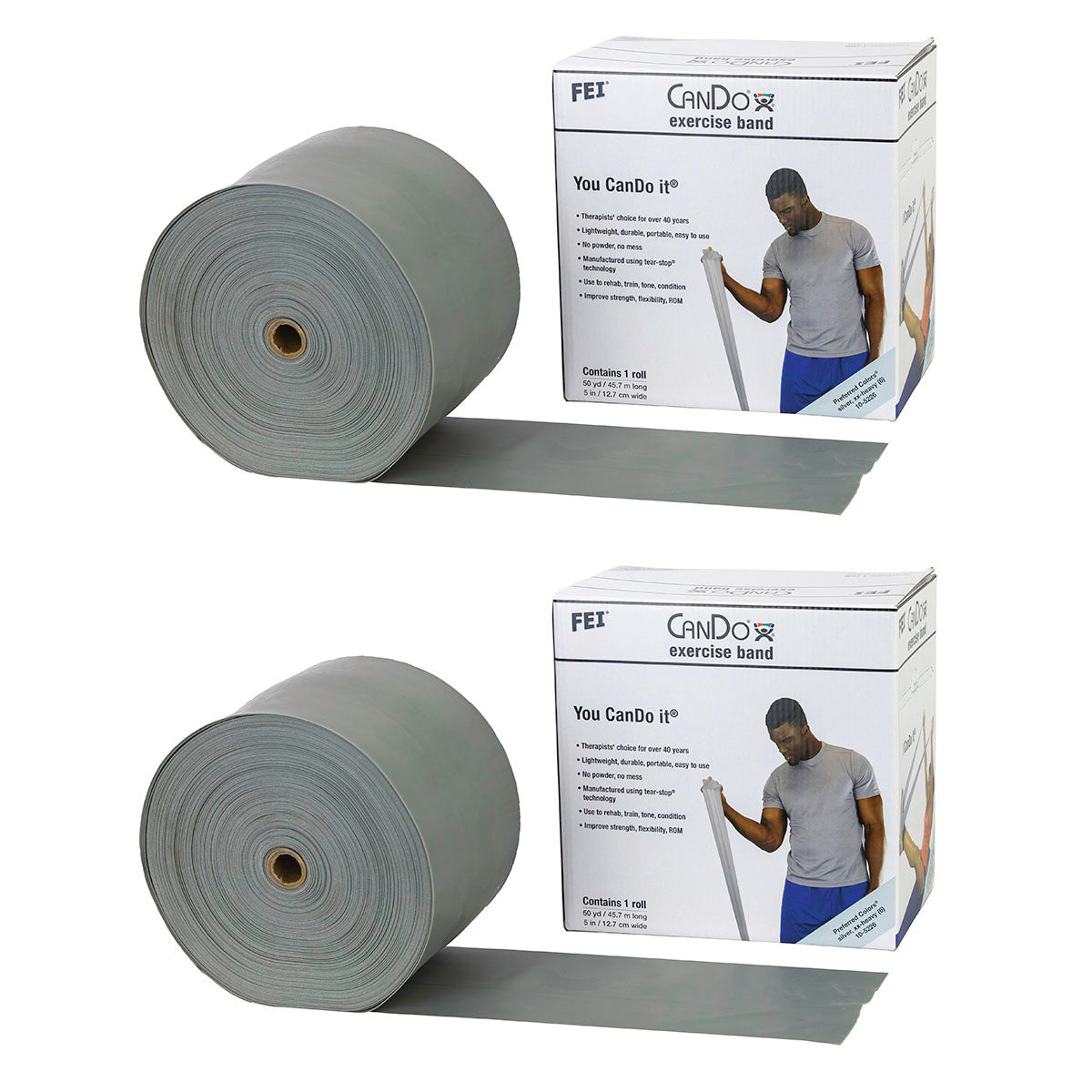 Two large rolls of CanDo Latex Exercise Band are shown next to their packaging, which features a person using the band.