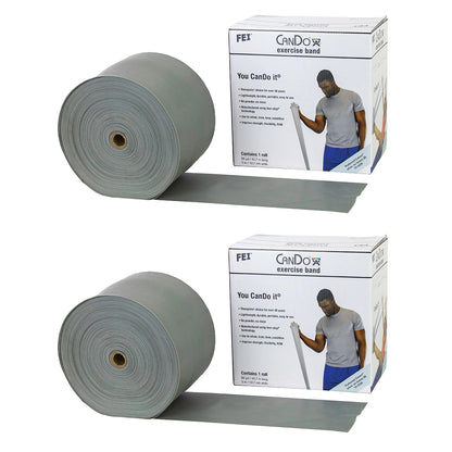 Two large rolls of CanDo Latex Exercise Band are shown next to their packaging, which features a person using the band.