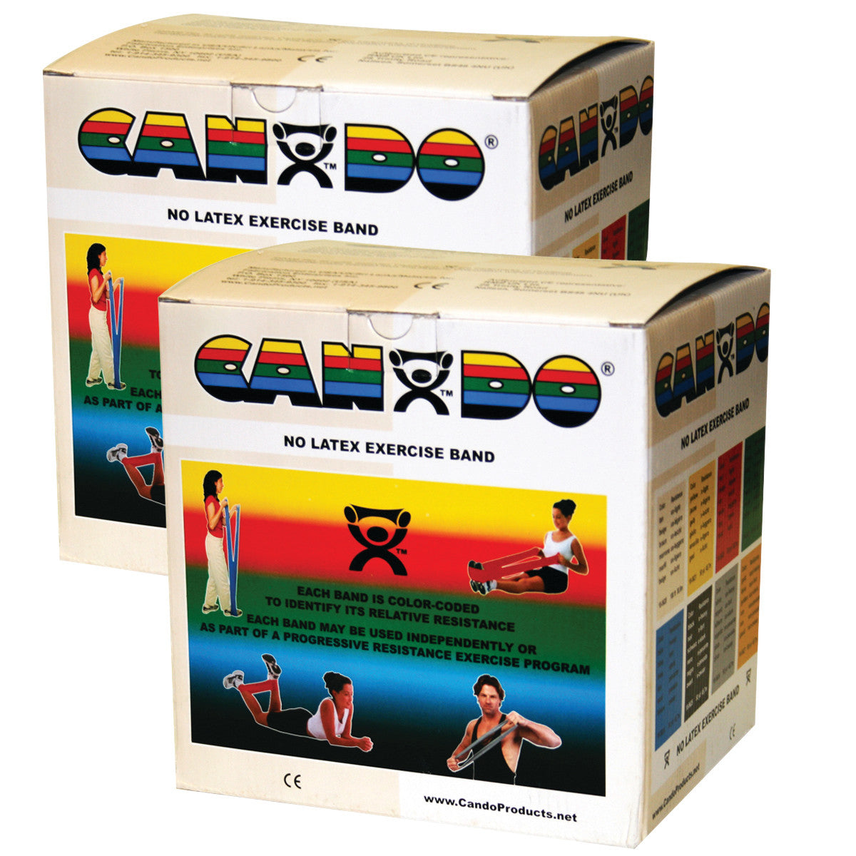 Two boxes of CanDo Non-Latex Exercise Band. The boxes are colorful and feature images of people using the bands.